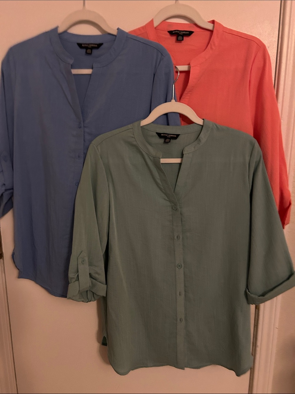 Mario Serrani Button-Front Blouses - Coral, Sky Blue, Sage